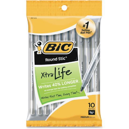BIC Round Stic Ballpoint Pens - Medium Pen Point - Black - 10 / Pack