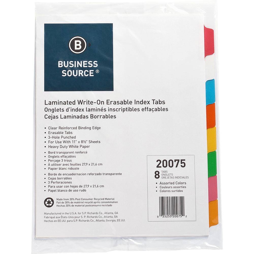Business Source Laminated Write-On Tab Indexes - 8 Write-on Tab(s) - 8 Tab(s)/Set - 11" Tab Height x 8.50" Tab Width - 3 Hole Punched - Self-adhesive, Removable - Multicolor Mylar Tab(s) - Recycled -