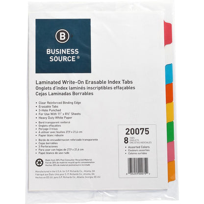 Business Source Laminated Write-On Tab Indexes - 8 Write-on Tab(s) - 8 Tab(s)/Set - 11" Tab Height x 8.50" Tab Width - 3 Hole Punched - Self-adhesive, Removable - Multicolor Mylar Tab(s) - Recycled -