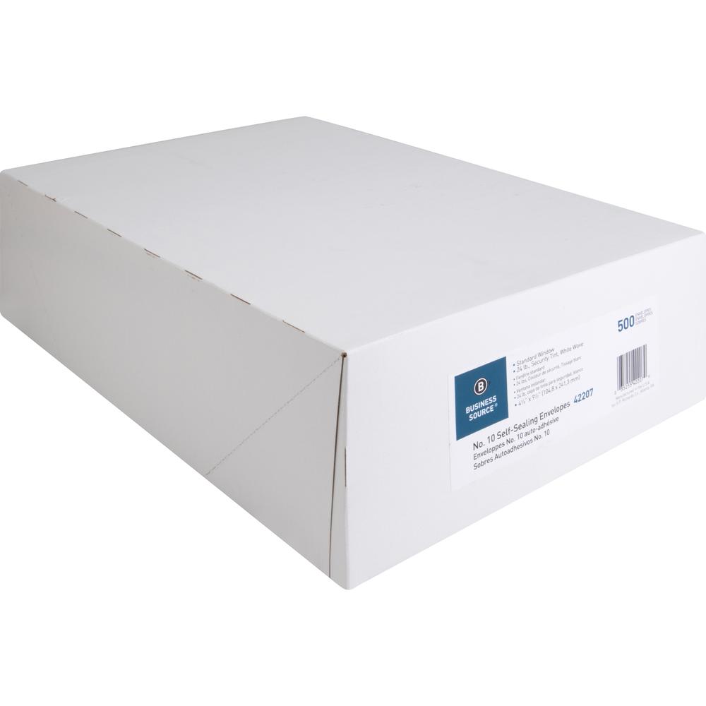 Business Source No.10 Standard Window Invoice Envelopes - Single Window - 9 1/2" Width x 4 1/2" Length - 24 lb - Self-sealing - Poly - 500 / Box - White