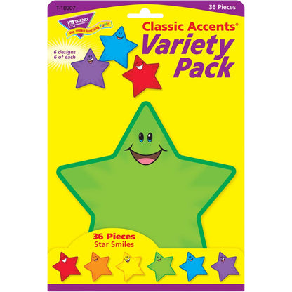 Trend Smiling Stars Accents - 36 x Smiley Star Shape - Precut - 5.50" Height - Assorted - 36 / Pack