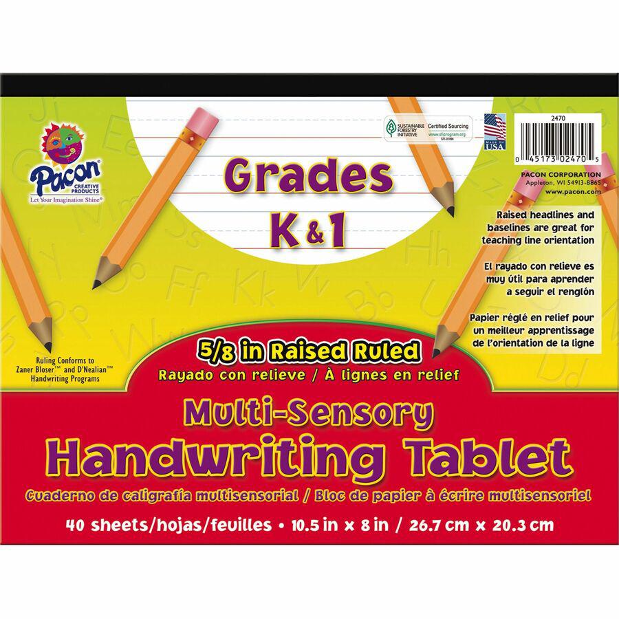 Pacon Grades K-1 Multi-sensory Handwriting Tablet - 10.5" x 8" - Wide Rule - 40 Sheets/Tablet - White