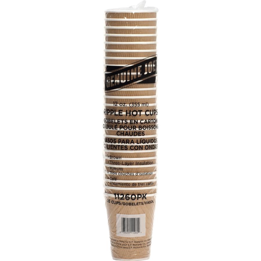Genuine Joe 12 oz Rippled Hot Cups - 25 / Pack - Brown - Beverage, Hot Drink