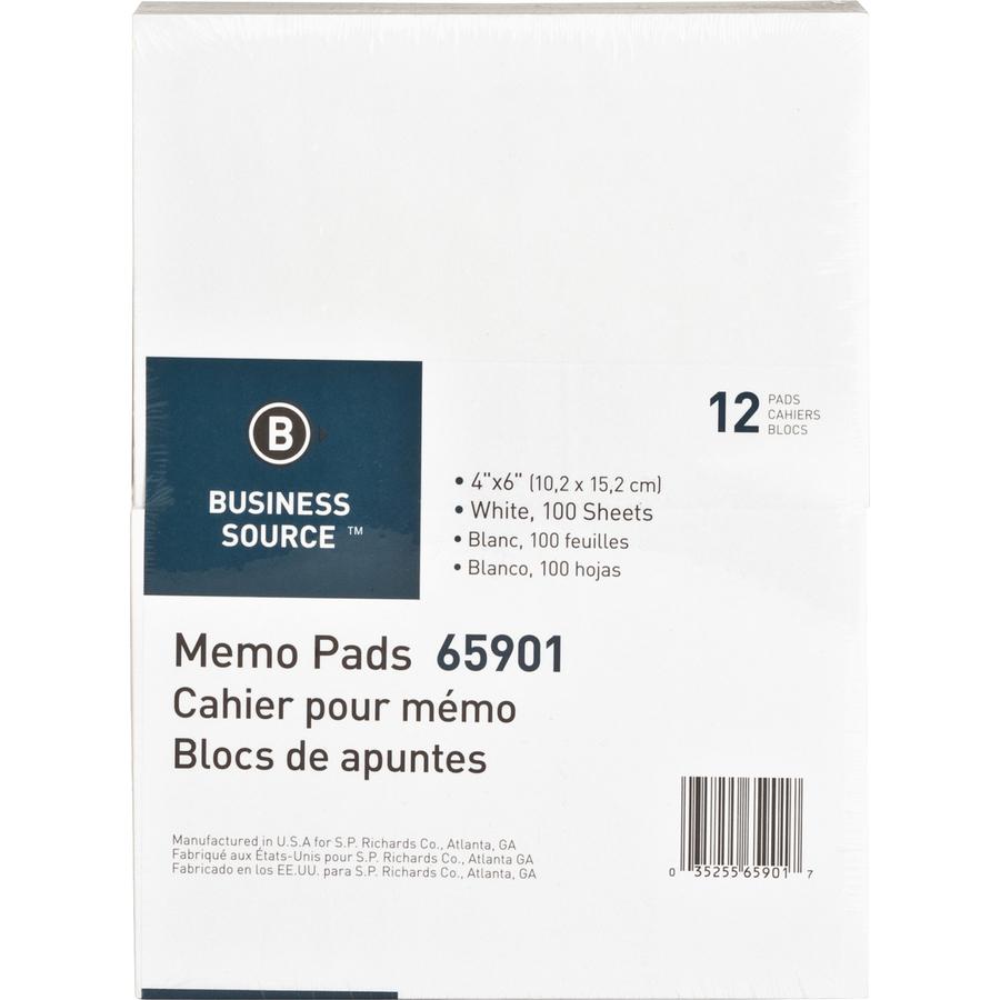 Business Source Plain Memo Pads - 100 Sheets - Plain - Glued - Unruled - 15 lb Basis Weight - 4" x 6" - White Paper - Chipboard Backing - 144 / Carton