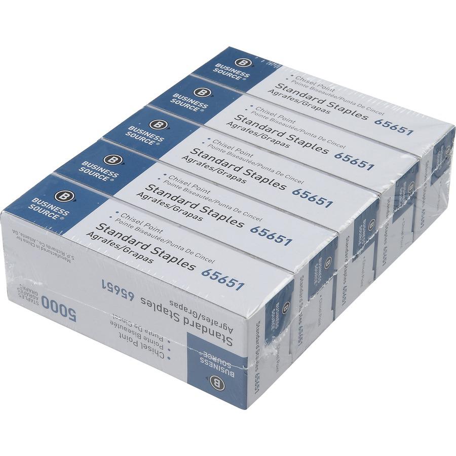 Business Source Chisel Point Standard Staples - 210 Per Strip - Standard - 1/4" Leg - 1/2" Crown - Holds 30 Sheet(s) - for Paper - Chisel Point - Silver - Galvanized Iron5 / Pack