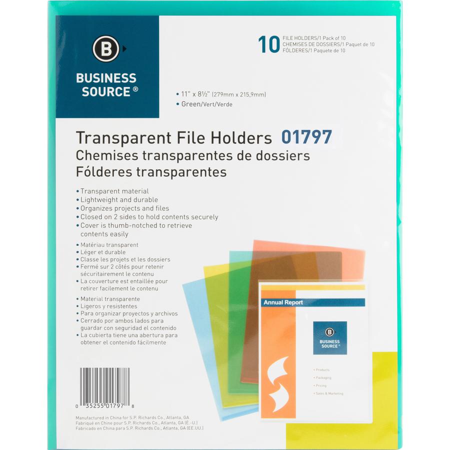 Business Source Letter File Sleeve - 8 1/2" x 11" - 20 Sheet Capacity - Green - 10 / Pack