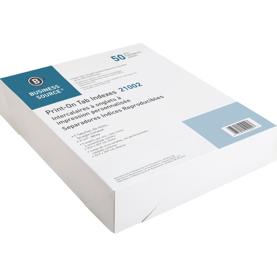Business Source Straight Collated Print-on Tab Divider - Print-on Tab(s) - 5 Tab(s)/Set - 9" Divider Width x 11" Divider Length - Letter - White Divider - White Tab(s) - 50 / Box
