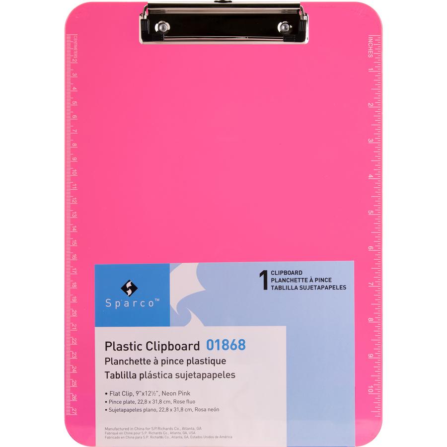 Business Source Flat Clip Clipboard - 9" x 12" - Plastic - Neon Pink - 6 / Bundle