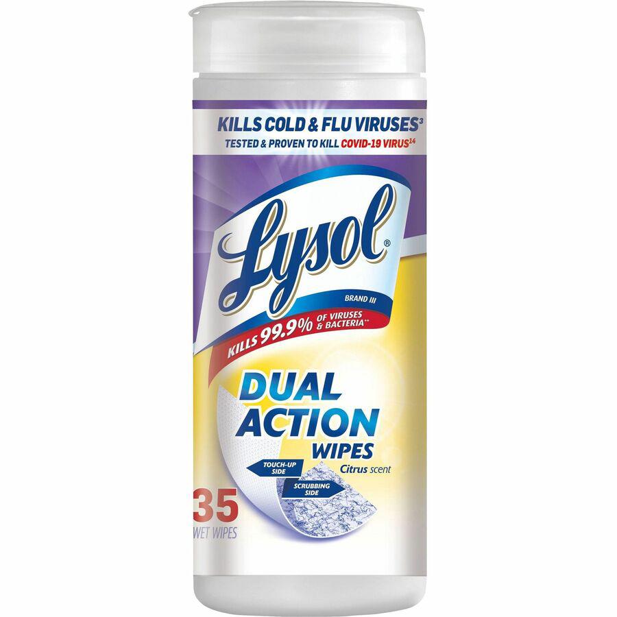 Lysol Dual Action Wipes - For Multi Surface - Citrus Scent - 35 / Canister - 12 / Carton - White/Purple