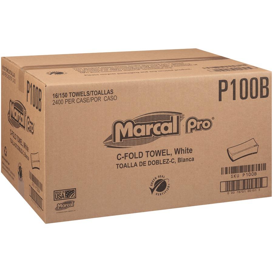 Marcal Recycled Center-Fold Paper Towels - 1 Ply - C-fold - 12.87" x 10.12" - 150 Sheets/Roll - White - Paper - 150 Per Bundle - 16 / Carton