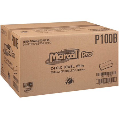 Marcal Recycled Center-Fold Paper Towels - 1 Ply - C-fold - 12.87" x 10.12" - 150 Sheets/Roll - White - Paper - 150 Per Bundle - 16 / Carton