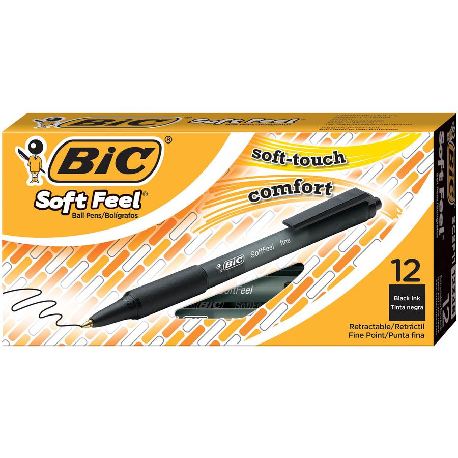 BIC SoftFeel Retractable Ball Pens - Fine Pen Point - Retractable - Black - Black Rubber Barrel - 1 Dozen