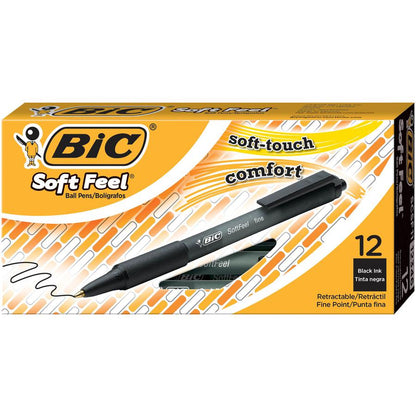 BIC SoftFeel Retractable Ball Pens - Fine Pen Point - Retractable - Black - Black Rubber Barrel - 1 Dozen