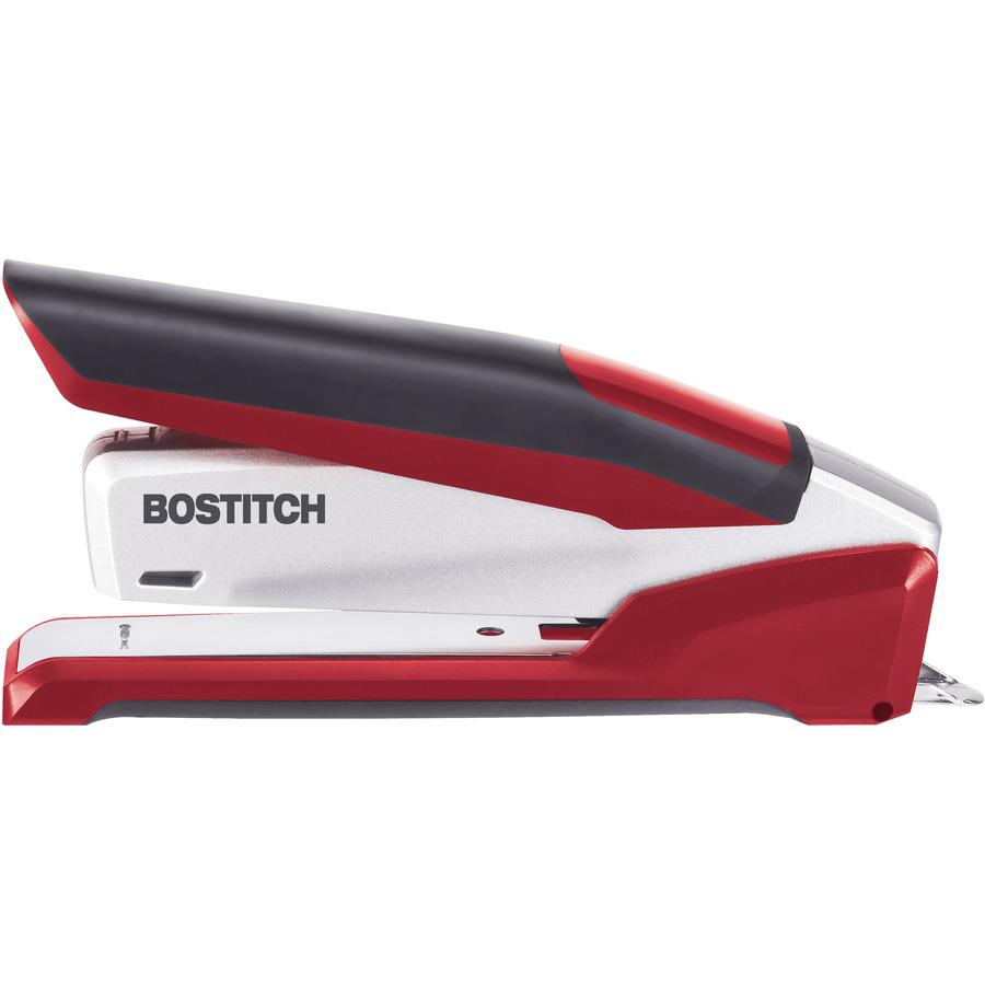 Bostitch InPower Spring-Powered Antimicrobial Desktop Stapler - 28 Sheets Capacity - 210 Staple Capacity - Full Strip - 1/4" Staple Size - 1 Each - Silver, Red
