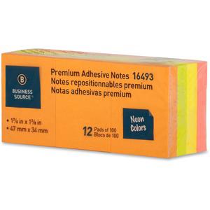 Business Source Premium Repostionable Adhesive Notes - 1 1/2" x 2" - Rectangle - Unruled - Neon - Self-adhesive, Repositionable, Solvent-free Adhesive - 12 / Pack