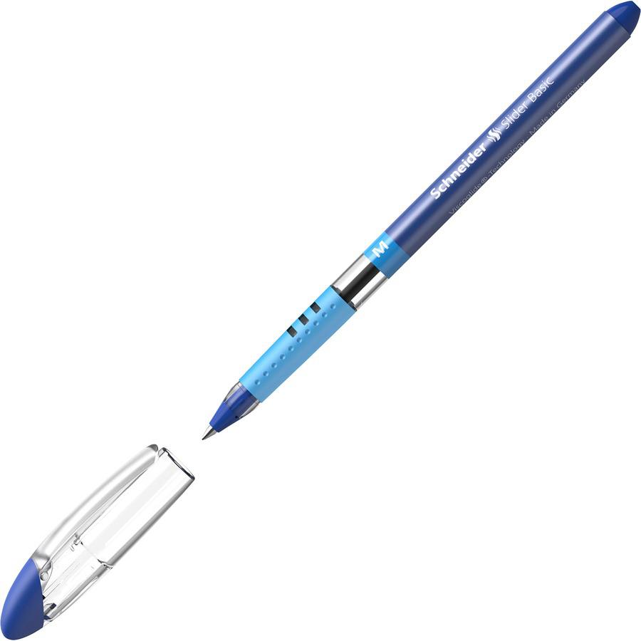 Schneider Slider Basic Medium Ballpoint Pen - Medium Pen Point - 1 mm Pen Point Size - Blue - Transparent Rubberized, Blue Barrel - Stainless Steel Tip - 10 / Pack