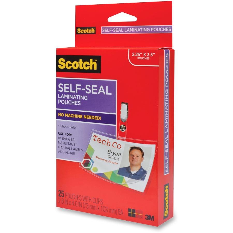 Scotch Self-Laminating ID Clip-Style Pouches - Support 4" x 2.80" Media - Horizontal - 25 / Pack - Clear
