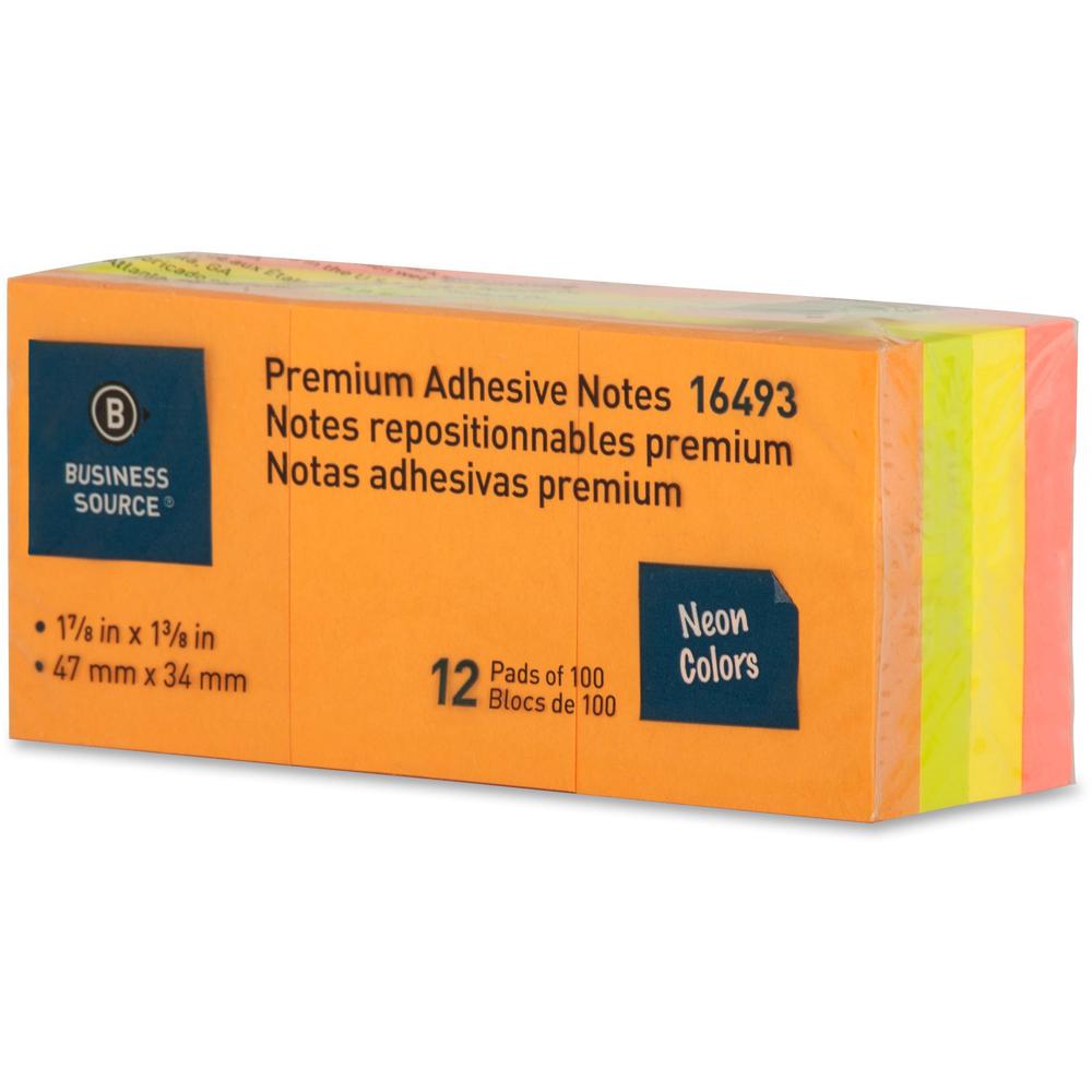 Business Source Premium Repostionable Adhesive Notes - 1 1/2" x 2" - Rectangle - Unruled - Neon - Self-adhesive, Repositionable, Solvent-free Adhesive - 12 / Pack