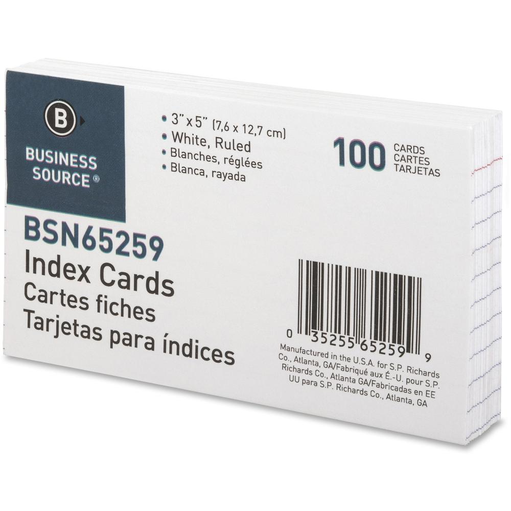 Business Source Ruled Index Cards - Front Ruling Surface - Ruled - 72 lb Basis Weight - 5" x 3" - White Paper - 1000 / Box