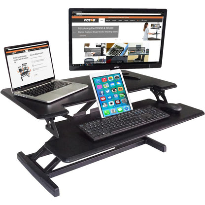 Victor High Rise Height Adjustable Compact Standing Desk with Keyboard Tray - 19" Height x 32.5" Width x 18" Depth - Standing Desk Converter - Compact for 24" Standard Desk or Table - Wood, Laminate,