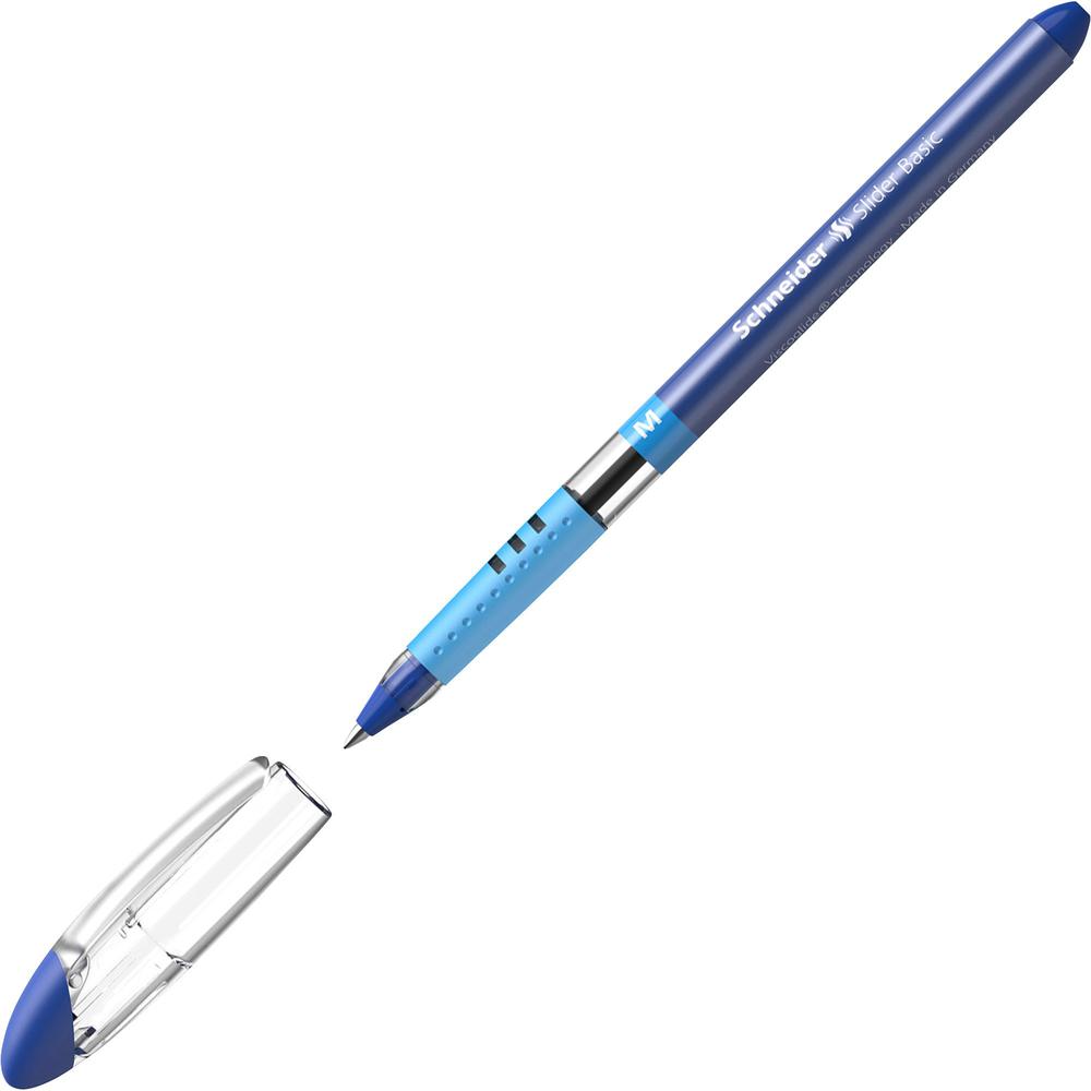 Schneider Slider Basic Medium Ballpoint Pen - Medium Pen Point - 1 mm Pen Point Size - Blue - Transparent Rubberized, Blue Barrel - Stainless Steel Tip - 10 / Pack