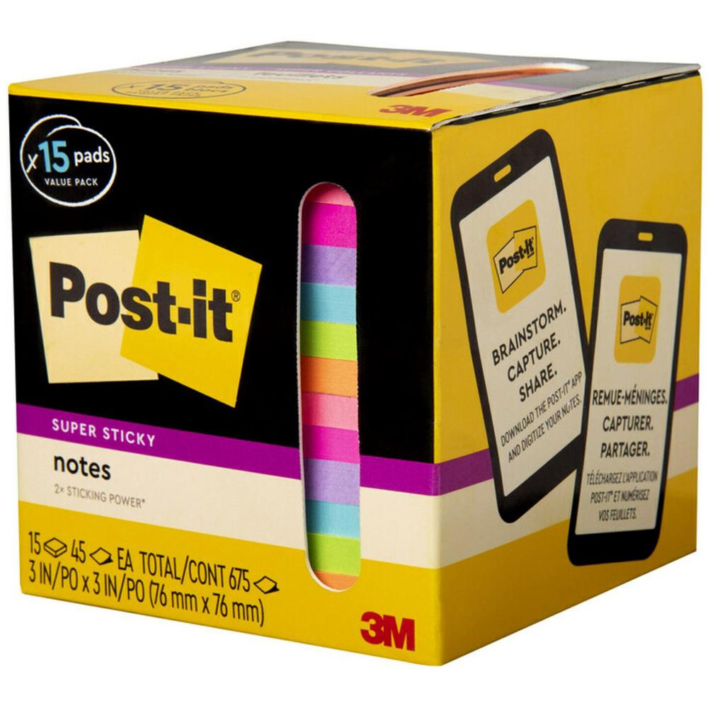 Post-it&reg; Super Sticky Notes - 15 - 3" x 3" - Square - 45 Sheets per Pad - Neon Orange, Tropical Pink, Power Pink, Iris, Blue Paradise, Neon Green Limeade - Adhesive, Recyclable - 15 / Pack