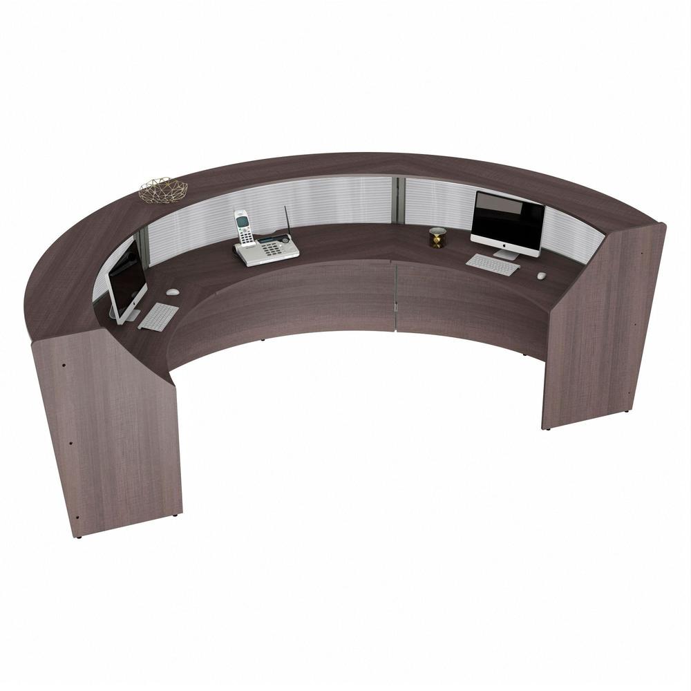 Linea Italia 3-Unit Curved Reception Desk - 11.9 ft x 71" x 46" - Material: Thermofused Laminate (TFL) - Finish: Mocha, Clear