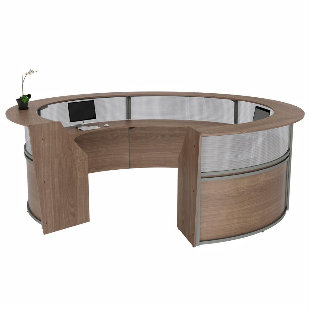 Linea Italia 5-Unit Curved Reception Desk - 11.8 ft x 11.1 ft x 46" - Material: Thermofused Laminate (TFL) - Finish: Walnut, Clear