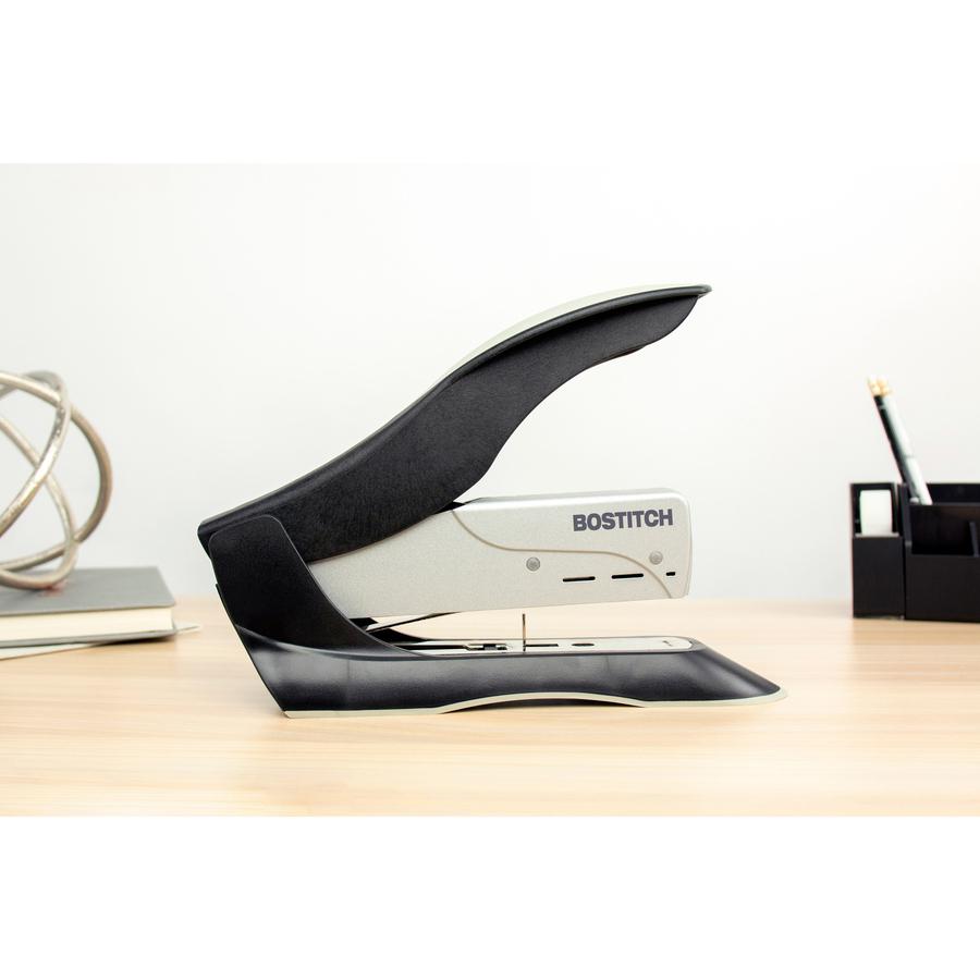Bostitch Spring-Powered Antimicrobial Heavy Duty Stapler - 100 Sheets Capacity - 210 Staple Capacity - Full Strip - 1/2" Staple Size - 1 Each - Black, Gray