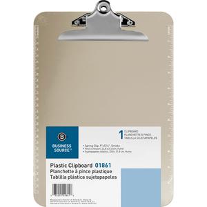 Business Source Spring Clip Plastic Clipboard - 8 1/2" x 11" - Spring Clip - Plastic - Smoke - 12 / Box