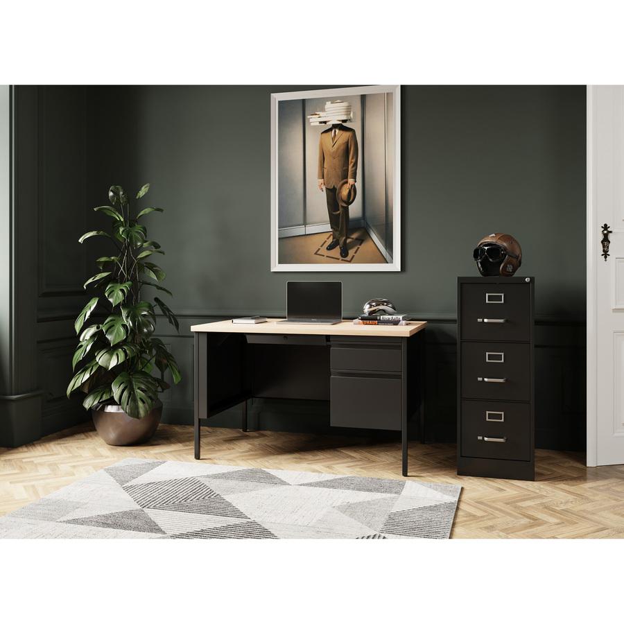 Lorell Fortress Series 48" Right Single-Pedestal Desk - 48" x 29.5"30" , 0.8" Modesty Panel, 1.1" Top - Single Pedestal on Right Side - Square Edge - Material: Steel - Finish: Black