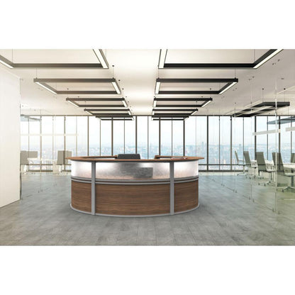 Linea Italia 5-Unit Curved Reception Desk - 11.8 ft x 11.1 ft x 46" - Material: Thermofused Laminate (TFL) - Finish: Walnut, Clear