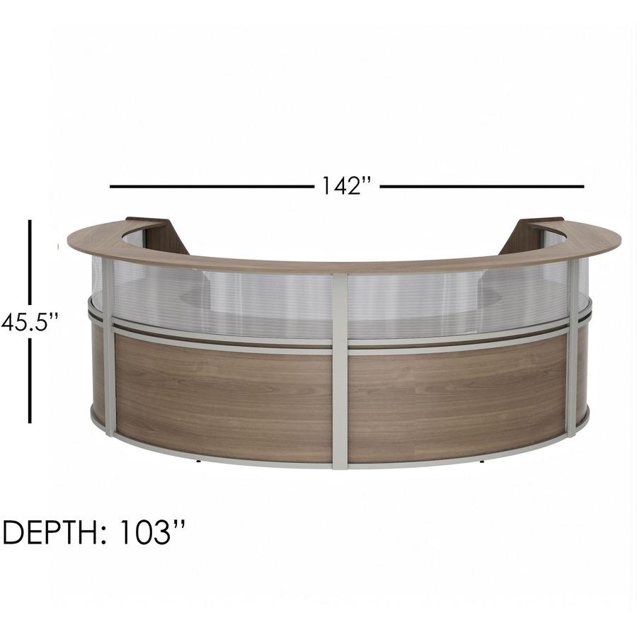 Linea Italia 4-Unit Curved Reception Desk - 11.8 ft x 107" x 46" - Material: Thermofused Laminate (TFL) - Finish: Walnut, Clear