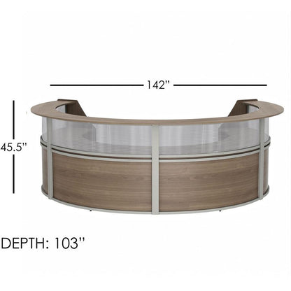 Linea Italia 4-Unit Curved Reception Desk - 11.8 ft x 107" x 46" - Material: Thermofused Laminate (TFL) - Finish: Walnut, Clear