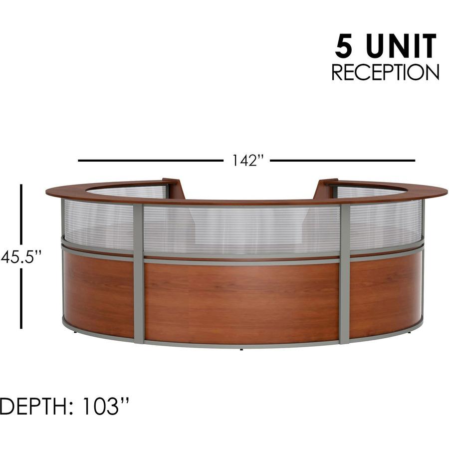 Linea Italia 5-Unit Curved Reception Desk - 11.8 ft x 11.1 ft x 46" - Material: Thermofused Laminate (TFL) - Finish: Cherry, Clear