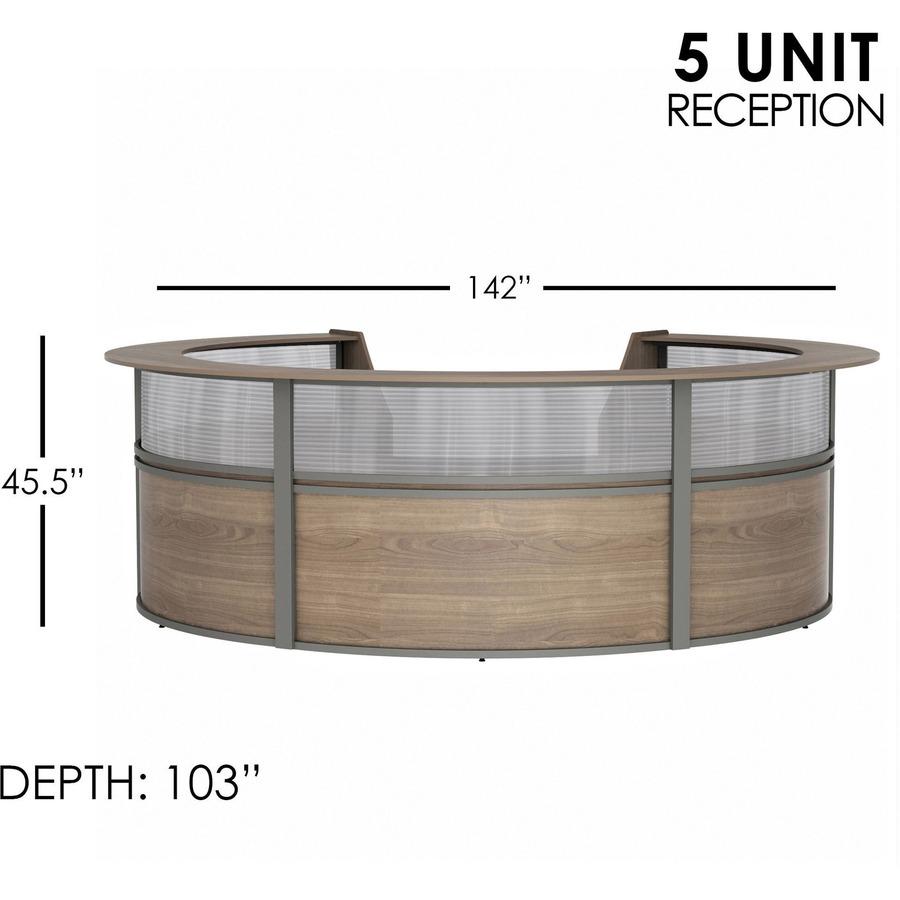 Linea Italia 5-Unit Curved Reception Desk - 11.8 ft x 11.1 ft x 46" - Material: Thermofused Laminate (TFL) - Finish: Walnut, Clear