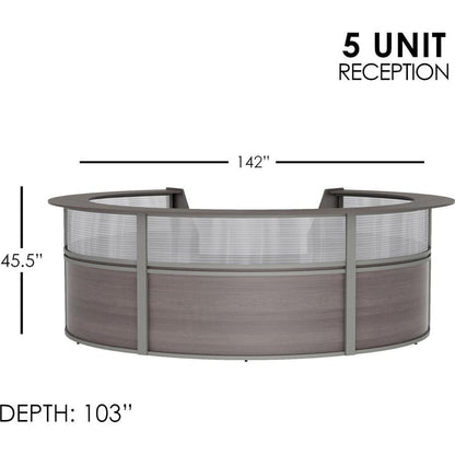 Linea Italia 5-Unit Curved Reception Desk - 11.8 ft x 11.1 ft x 46" - Material: Thermofused Laminate (TFL) - Finish: Mocha, Clear