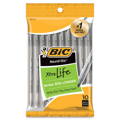 BIC Round Stic Ballpoint Pens - Medium Pen Point - Black - 10 / Pack