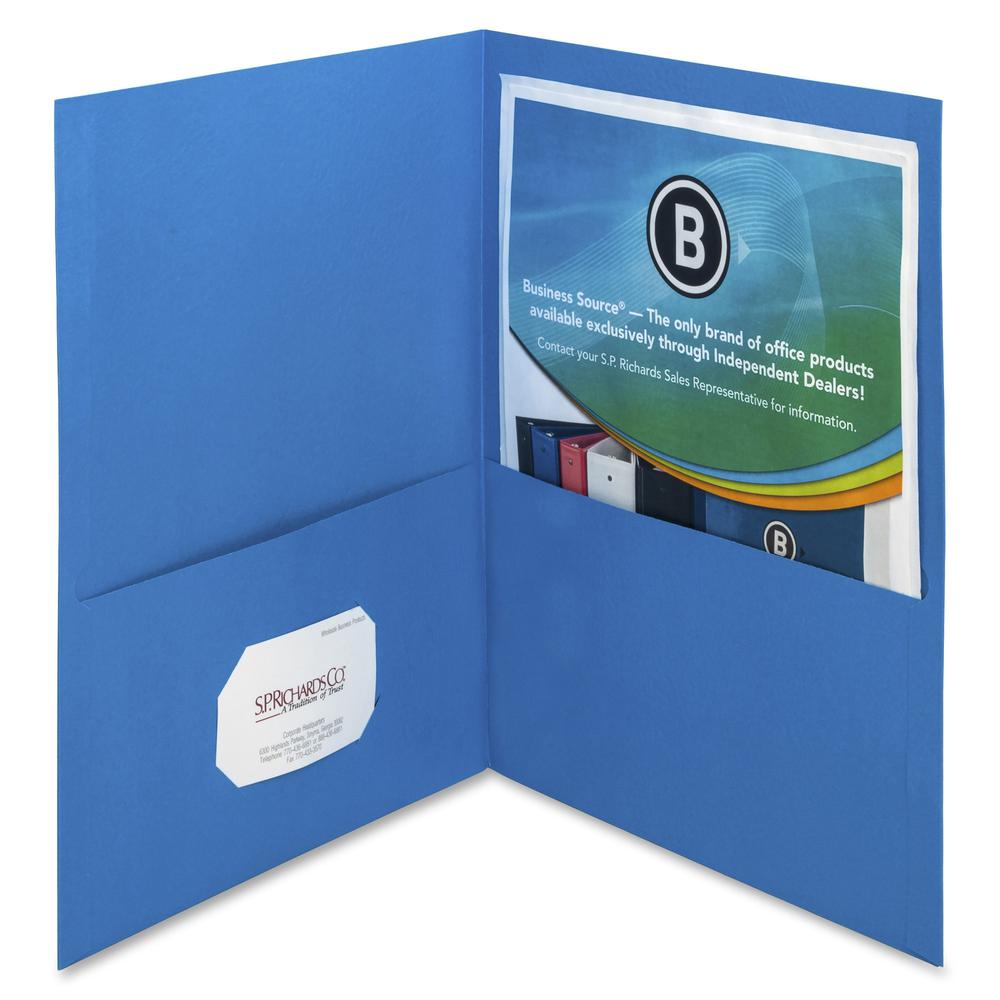 Business Source Letter Recycled Pocket Folder - 8 1/2" x 11" - 100 Sheet Capacity - 2 Inside Front & Back Pocket(s) - Paper - Blue - 35% Recycled - 25 / Box