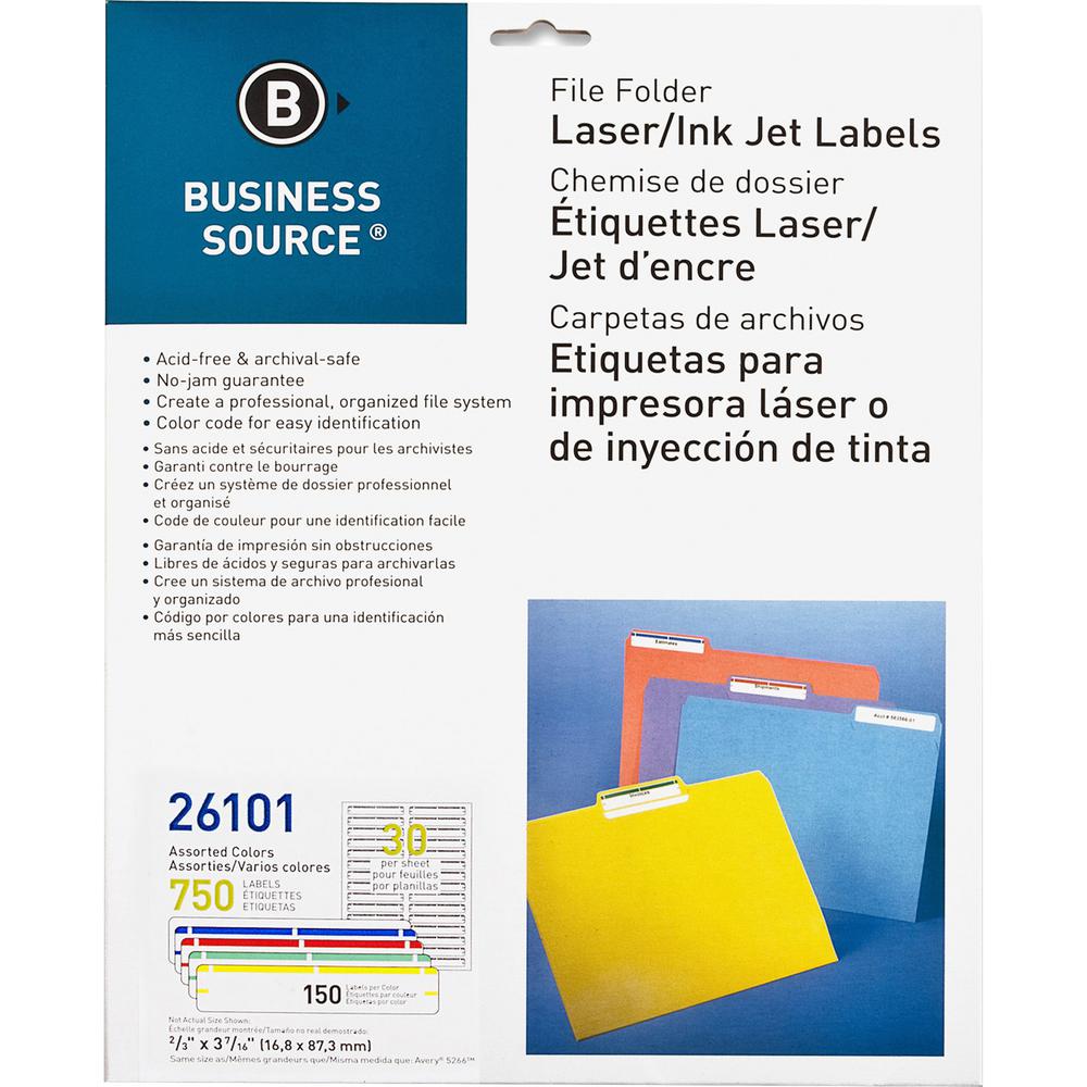 Business Source Laser/Inkjet File Folder Labels - 21/32" Width x 3 7/16" Length - Permanent Adhesive - Rectangle - Laser, Inkjet - Assorted - 30 / Sheet - 750 / Pack - Jam-free, Lignin-free, Self-adhe