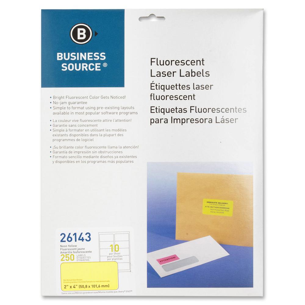 Business Source Neon Labels - 2" Width x 4" Length - Permanent Adhesive - Rectangle - Laser - Neon Yellow - 10 / Sheet - 250 / Pack - Jam-free, Pressure Sensitive