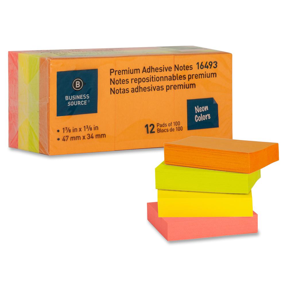Business Source Premium Repostionable Adhesive Notes - 1 1/2" x 2" - Rectangle - Unruled - Neon - Self-adhesive, Repositionable, Solvent-free Adhesive - 12 / Pack