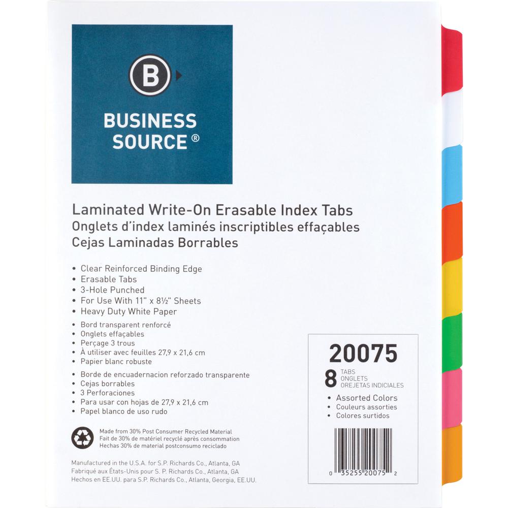 Business Source Laminated Write-On Tab Indexes - 8 Write-on Tab(s) - 8 Tab(s)/Set - 11" Tab Height x 8.50" Tab Width - 3 Hole Punched - Self-adhesive, Removable - Multicolor Mylar Tab(s) - Recycled -