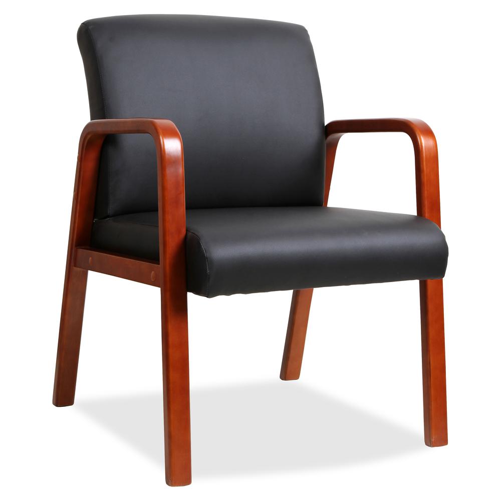 Lorell Upholstered Guest Chair - Black Bonded Leather Seat - Black Bonded Leather Back - Cherry Solid Wood Frame - Four-legged Base - Armrest - 1 Each