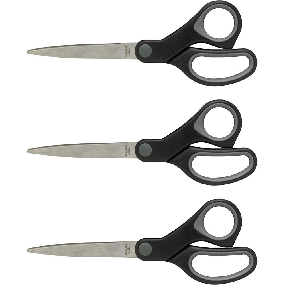 Sparco Straight Scissors w/Rubber Grip Handle - 8" Overall Length - Straight - Stainless Steel - Black, Gray - 3 / Bundle