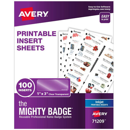 The Mighty Badge&reg; The Mighty Badge Printable Insert Sheets, 100 Clear Inserts, Inkjet - 1" x 3" - 100 / Pack - Printable, Non-adhesive, Reusable - Clear