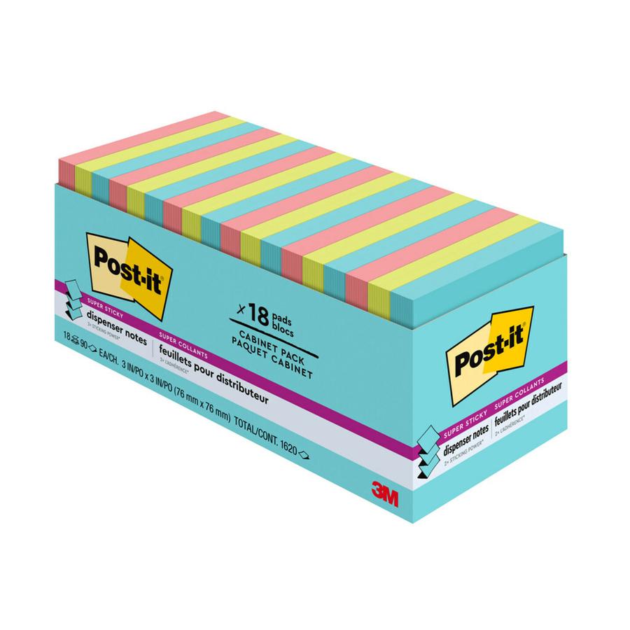 Post-it&reg; Super Sticky Dispenser Notes - Supernova Neons Color Collection - 3" x 3" - Square - 90 Sheets per Pad - Aqua Splash, Acid Lime, Guava - Paper - Super Sticky, Adhesive, Recyclable, Pop-up