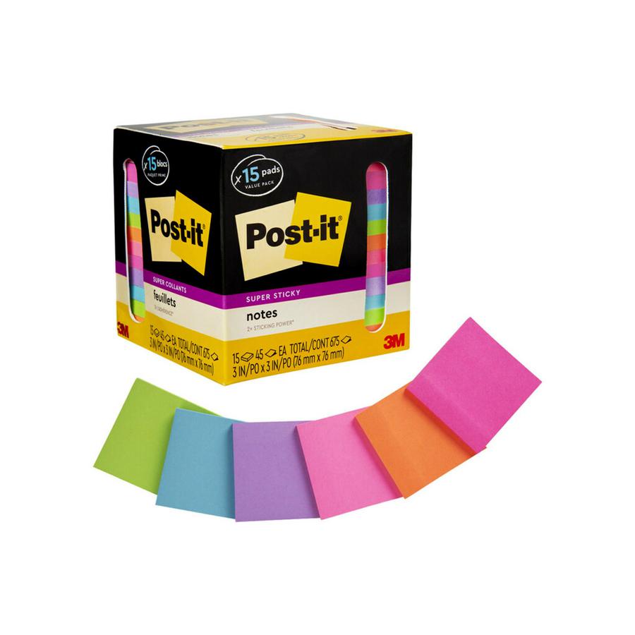 Post-it&reg; Super Sticky Notes - 15 - 3" x 3" - Square - 45 Sheets per Pad - Neon Orange, Tropical Pink, Power Pink, Iris, Blue Paradise, Neon Green Limeade - Adhesive, Recyclable - 15 / Pack