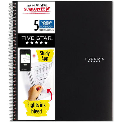 Five Star Notebook - 5 Subject(s) - 200 Sheets - Wire Bound - College Ruled - 3 Hole(s) - Letter - 8 1/2" x 11" - Black Cover - Bleed Resistant, Pocket, Perforated, Water Resistant, Spiral Lock, Acid-
