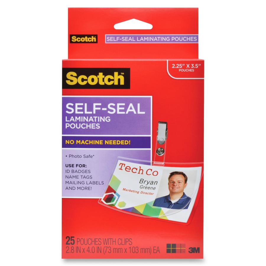 Scotch Self-Laminating ID Clip-Style Pouches - Support 4" x 2.80" Media - Horizontal - 25 / Pack - Clear
